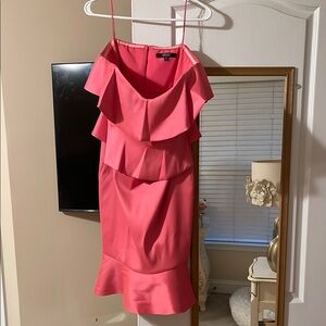 Badgley Mischka Pink Ruffled Asymmetrical Sheath Dress